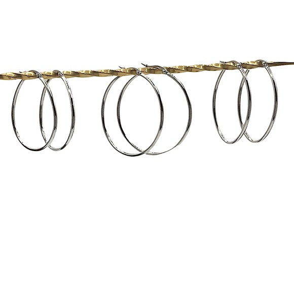 NEW Stainless Steel Polished Silver Hoop Earrings, Lot of 3 - Picture 5 of 8